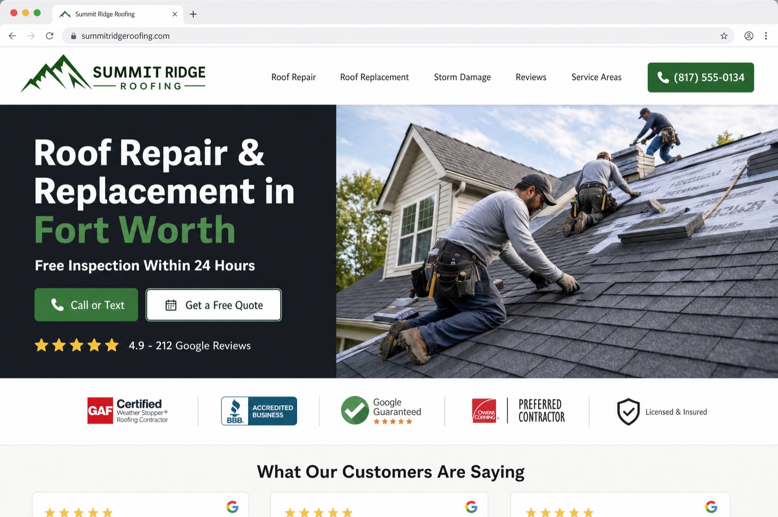 Modern roofing website homepage with a Fort Worth headline, one-tap call and text buttons, trust badges, and live Google reviews